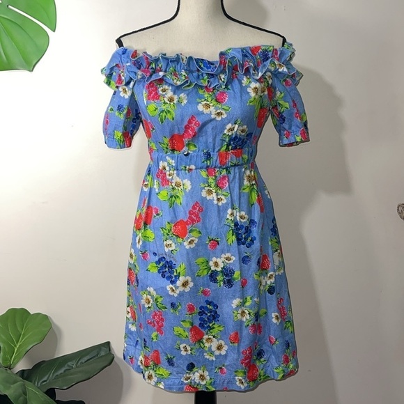 Love Moschino Picnic Print (Fruit & Floral) Cotton Off the Shoulder Dress sz. 2 - Picture 10 of 16